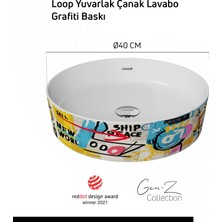 Creavit Loop Gen-Z Yuvarlak Masa Üstü Çanak Lavabo Ø40 cm Grafiti Baskı Extra Beyaz