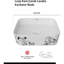 Creavit Loop Gen-Z Kare 40 cm Masa Üstü Ince Lavabo Karikatür Baskı Extra Beyaz