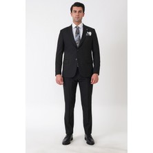 Efor Slim Fit Çift Yırtmaç Esnek Yünlü Düz Siyah Takım Elbise Tk 948