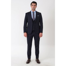 Efor Slim Fit Esnek Pamuklu Dokulu Lacivert Yelekli Takım Elbise Tk 959