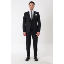 Efor Slim Fit Esnek Pamuklu Dokulu Siyah Yelekli Takım Elbise Tk 959