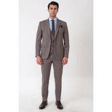 Efor Slim Fit Esnek Pamuklu Dokulu Vizon Yelekli Takım Elbise Tk 959
