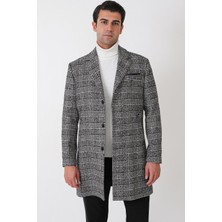 Efor Comfort Fit Yan Cepli Düğmeli Ekose Desenli Yünlü Siyah Palto Plt 091