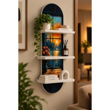 Onyxlab Gün Batımı Penceresinde Çiçekler Temalı 3 Raflı Oval Duvar Rafı, 70 x 25 Cm, Mdf