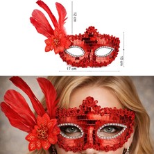 Pandoli Halloween Kırmızı Renk Güllü Tüylü Ortası Pullu Wedding Maskesi Arkadan Bağlamalı 1 Adet Bride