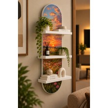 Onyxlab Gün Batımında Çiçekli Çayır Temalı 3 Raflı Oval Duvar Rafı, 70 x 25 Cm, Mdf