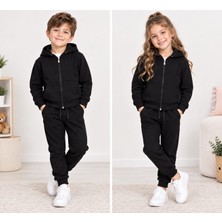 Alkın Kids 6-12 Yaş Unisex Kapüşonlu Fermuarlı Siyah Pamuklu Kız-Erkek Eşofman Takımı