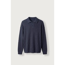 Abluka Online Erkek Oversize Polo Yaka Düğmeli Fitilli Triko Kazak Lacivert