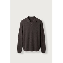 Abluka Online Erkek Oversize Polo Yaka Düğmeli Fitilli Triko Kazak Kahverengi