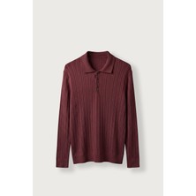 Abluka Online Erkek Relax Fit Polo Yaka Saç Örgü Triko Kazak Bordo