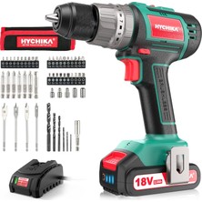 Akülü Tornavida 60 Nm Maks, Hychıka 18 V Matkap, 2 x 2,0 Ah Akü ve 57 Parça Aksesuar Seti, Fırçasız Motor, 2 Vites, 21 + 3 Tork Kademesi, Çekiç Fonksiyonlu Matkap