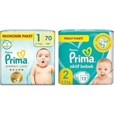 Bebek Bezi Premium Care 1 Beden 70 Adet Yenidoğan Jumbo Paket & Prima Bebek Bezi Aktif Bebek 2 Numara 72 Adet Ekonomik Paket