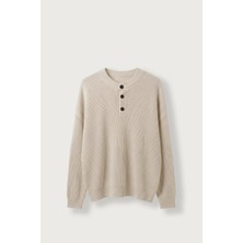 Abluka Online Erkek Oversize Henley Yaka Triko Kazak Bej