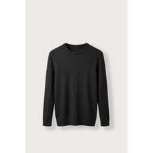 Abluka Online Erkek Slim Fit Fitilli Bisiklet Yaka Triko Kazak Siyah