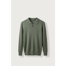 Abluka Online Erkek Slim Fit Fitilli Düğmeli Polo Yaka Triko Kazak Haki