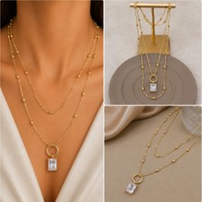 Fm 💎 Premium Parlak ve Şık Gold Renk Büyük Baget Taşlı Çoklu Zincir Kadın Çelik Kolye (45 cm)