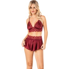 Ahu Lingerie Saten Şort Takım Gecelik Bordo