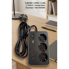 Zeyar Teknoloji Hi-Link Termal Akım Korumalı Uzatma Kablosu 3 Priz 2 USB 1 Type-C 2 Metre 16A 4000W