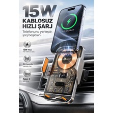 Merwish 15W Kablosuz Şarjlı Araç Telefon Tutucu Otomatik Sensörlü Kollar 360° Ayarlanabilir Type-C Girişli