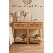 Robin Home Bambu 2'li Hazeran Rattan Çekmeceli Raflı Komodin Seti