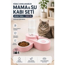 Prime Life Köşeli Ayarlanabilir Hazneli Çelik Taslı Kedi-Köpek Mama ve Su Kabı Seti 1000ML Pembe