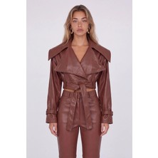 Holly Lolly Kadın Crop Model Astarlı Kemerli Kahverengi Neeko Deri Ceket Düz Desenli