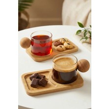 ALOHA EQ QUALITY 120 ml 2’li 4 Parça Mantar Kulplu Borosilikat Cam ve Bambu Tabaklı Fincan Takımı