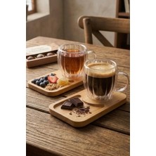 Vivien Home 120 ml 2’li 4 Parça Çift Cidarlı Bardak ve Bambu Tabaklı Espresso Fincan Takımı