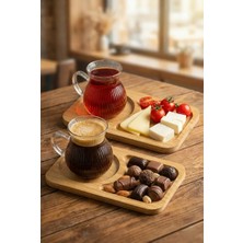 ALOHA EQ QUALITY 150 ml 2’li 4 Parça Bambu Tabaklı Borosilikat Cam Kulplu Çay ve Kahve Fincan Takımı