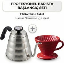 ALOHA EQ QUALITY V60 Kahve Demleme Seti Termometreli Barista Kettle ve Kırmızı Seramik Dripper