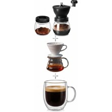 Vivien Home V60 Kahve Seti Manuel Kahve Değirmeni Beyaz Dripper ve Çift Cidarlı Bardak