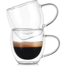 Vivien Home 2’li Çift Cidarlı (Çift Camlı) Kulplu Borosilikat Cam Kupa Seti - 300 ml