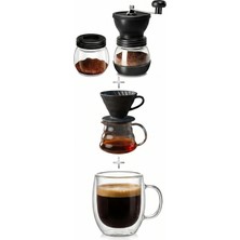 ALOHA EQ QUALITY V60 Kahve Seti Manuel Kahve Değirmeni Siyah Dripper ve Çift Cidarlı Bardak