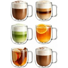 Vivien Home 400 ml 6’lı Çift Cidarlı Isı Yalıtımlı Kulplu Cam Kupa Bardak Seti