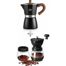 ALOHA EQ QUALITY Moka Pot Kahve Seti Manuel Kahve Değirmeni ve 6 Fincan Siyah Moka Pot