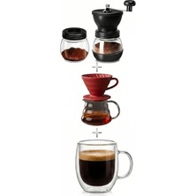 ALOHA EQ QUALITY V60 Kahve Seti Manuel Kahve Değirmeni Kırmızı Dripper ve Çift Cidarlı Bardak