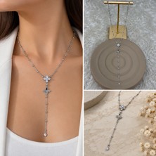 Fm 💎 Premium Parlak ve Şık Gümüş Renk Çiçek Detaylı Kadın Çelik Y Kolye (45 cm)