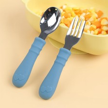 Str Store Silikon Saplı Paslanmaz Çelik Bebek Kaşık Çatal Seti (Mavi)