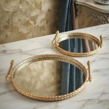Furkan Vintage Dekoratif Jardinyer Aynalı Gold Yuvarlak 2 Li Tepsi