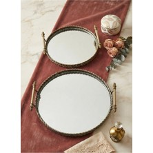 Furkan Vintage Dekoratif Jardinyer Aynalı Bronz Yuvarlak 2 Li Tepsi