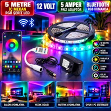 Powerr Led Aydınlatma 5m 12V 60 Ledli Iç Mekan Rgb Şerit LED 5A Priz Adaptör Bluetooth Rgb Kumandalı Set