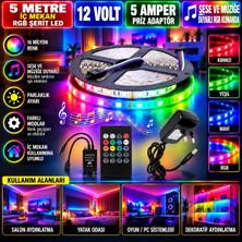 Powerr Led Aydınlatma 5m 12V 60 Ledli Iç Mekan Rgb Şerit LED 5A Priz Adaptör Sese ve Müziğe Duyarlı Rgb Kumandalı Set