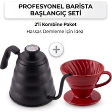 Vivien Home V60 Kahve Demleme Seti Termometreli Siyah Barista Kettle ve Kırmızı Seramik Dripper