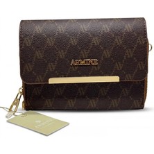 Armine 381 Kadın Monogram Baskılı Gold Metal Detaylı Çapraz Askılı Cüzdan Çanta Portföy