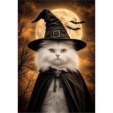 Taranist Poster - Beyaz Kedi Cadı Şapkası Halloween Cadılar Bayramı Dolunay Vintage Dekor