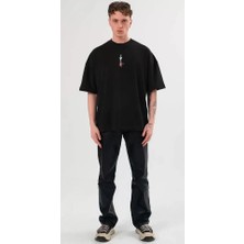 Kırmızı Beyaz Aksesuar Unisex Bisiklet Yaka Baskılı Oversize T-Shirt - Siyah
