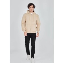 Kırmızı Beyaz Aksesuar Unisex Tam Fermuarlı Kapşonlu  Sweatshirt - Bej
