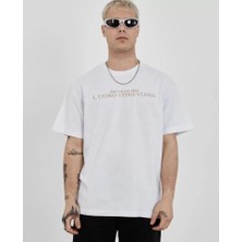 Kırmızı Beyaz Aksesuar Unisex Bisiklet Yaka Baskılı Oversize T-Shirt - Beyaz