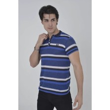 Kırmızı Beyaz Aksesuar Erkek Yakalı Slim Fit Dokuma Çizgili T-Shirt - Mavi