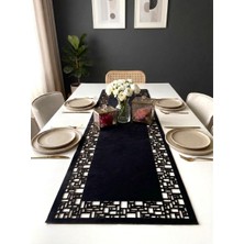 Siyah Ergüven Home Süet Kumaş Runner 40X140 cm Masa Boyu -Geometrik Dörtgen Desen